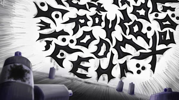 Calligraffiti is seen on a wall. A few paint tubes are also present on the image.