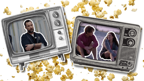 A graphic of characters from The Pitt and The Summer I Turned Pretty inside two televisions with popcorn in the background.