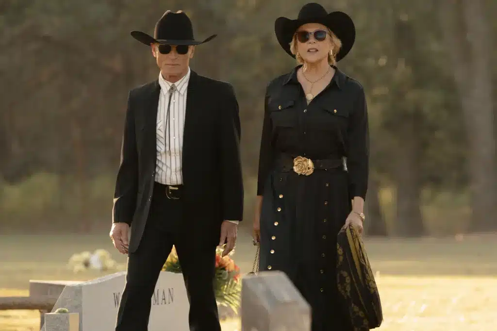 Ed Harris and Annette Bening staring in Dutton Ranch, where they are seen walking through a quiet graveyard together