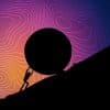 A person giving it there all to push a giant circle up a hill. The hill is very steep. The background is surreal with many swirls.