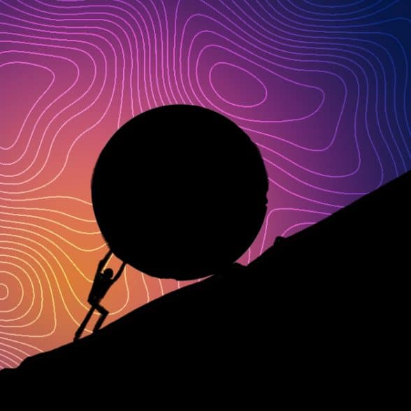 A person giving it there all to push a giant circle up a hill. The hill is very steep. The background is surreal with many swirls.