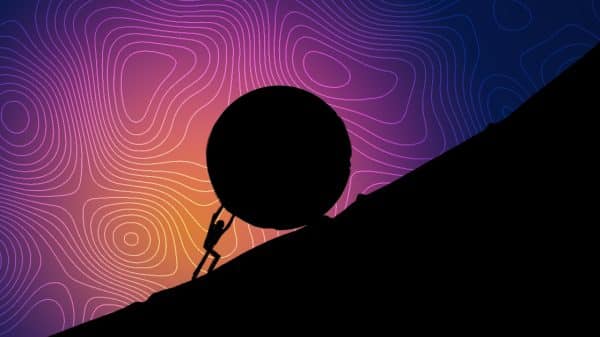 A person giving it there all to push a giant circle up a hill. The hill is very steep. The background is surreal with many swirls.
