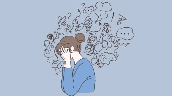 An animated figure of a stressed girl with scribbles around her head
