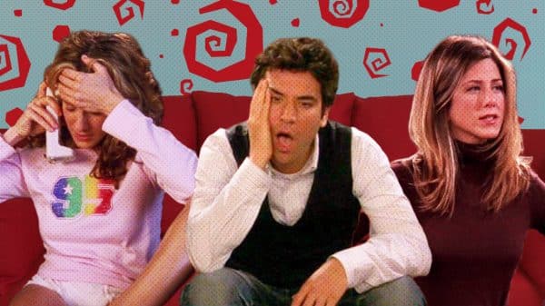A collage of characters Carrie Bradshaw, Ted Mosby, and Rachel Green sitting on a couch.