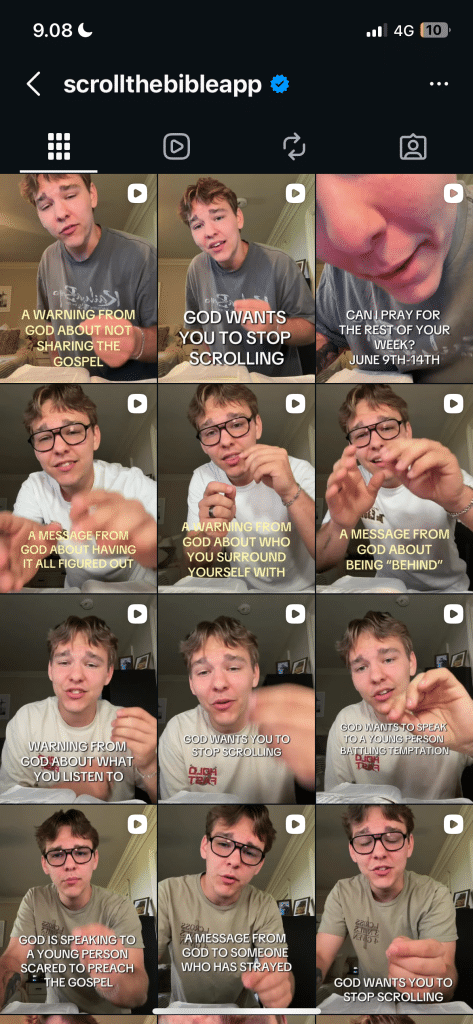 Video feed of young man promoting a bible app called ' scrolling the bible app'