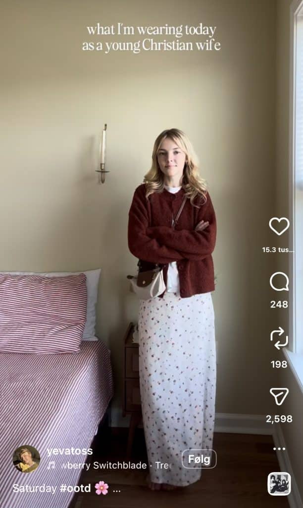 Young woman showing her outfit on Instagram Reels with the caption 'what I'm wearing today as a young Christian wife'