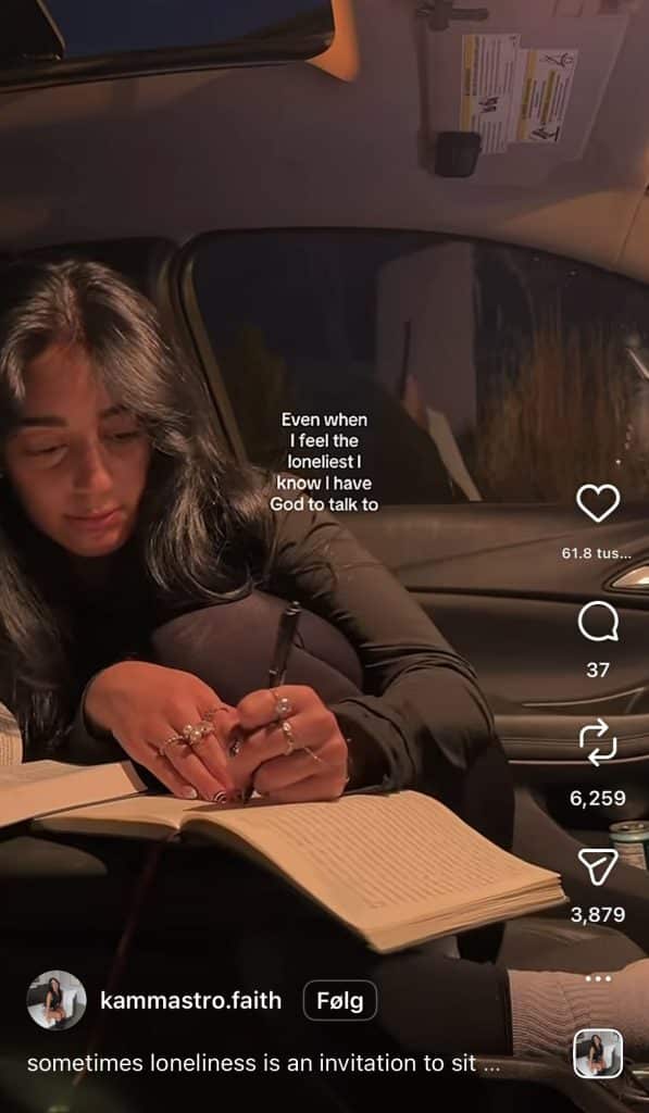 Young woman journaling in a car, posted on Instagram Reels, with the caption ' Even when I feel the loneliest I know I have God to talk to.'