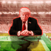 A visual graphic of Donald Trump hovering over the World Cup field as players stand around. A large crack is snaking down the middle of the grass.
