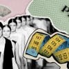 A collage of fashion models in black and white walking down a runway, surrounded by colorful measurement tape, a scale, and the Prada logo.