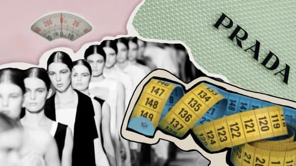A collage of fashion models in black and white walking down a runway, surrounded by colorful measurement tape, a scale, and the Prada logo.