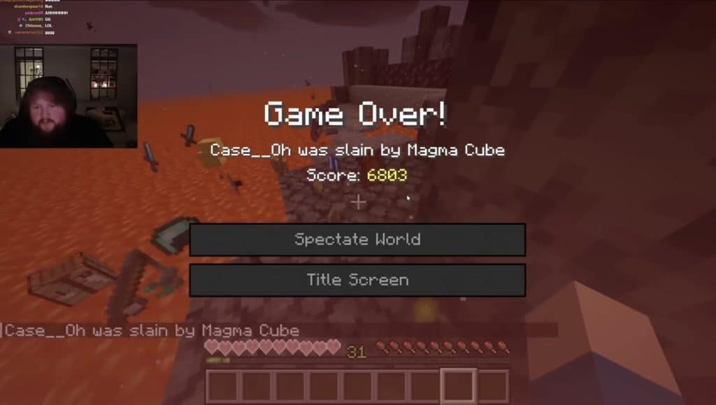 Caseoh streamer dying in Minecraft.