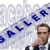 A blue and white digital poster for the facebook marketplace gallery. Depicts the gallery logo in large slanted text and there is a small cut-out of Mark Zuckerberg sipping water in the corner.
