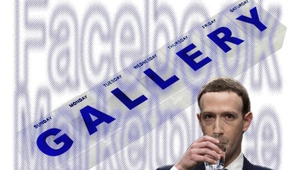 A blue and white digital poster for the facebook marketplace gallery. Depicts the gallery logo in large slanted text and there is a small cut-out of Mark Zuckerberg sipping water in the corner.