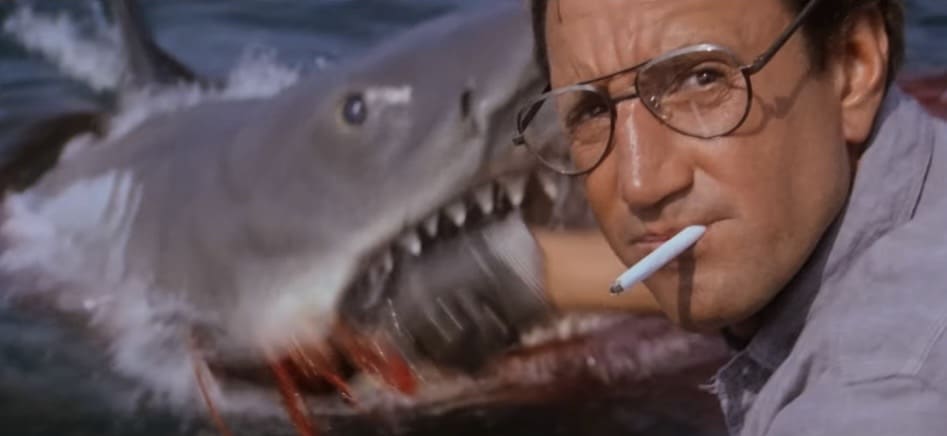 The scene from Jaws where the shark creeps up on Chief Brody as he scoops chum into the water.