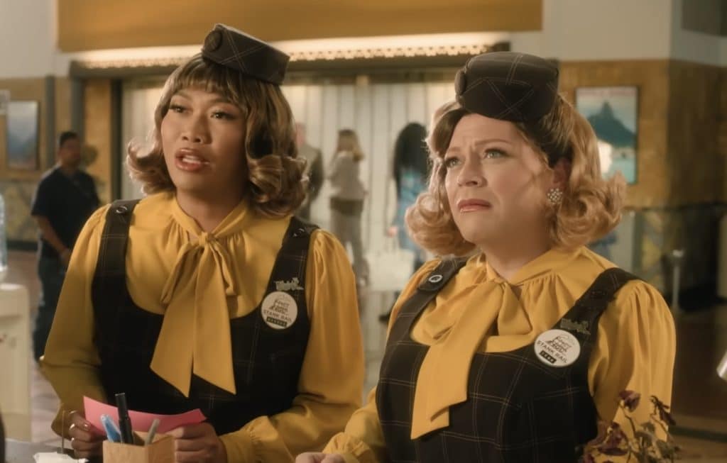 Drag queens Ginger Minj and Jujubee standing as their characters in Stop! That! Train!