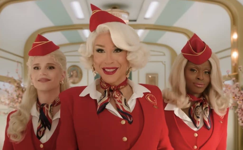 Drag queens Marcia Marica Marcia, Brooke Lynn Hytes, and Symone standing posed as their characters is Stop! That! Train!