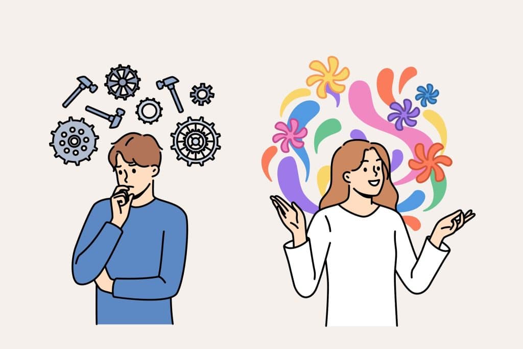 Two figures thinking; one is gray, the other colorful