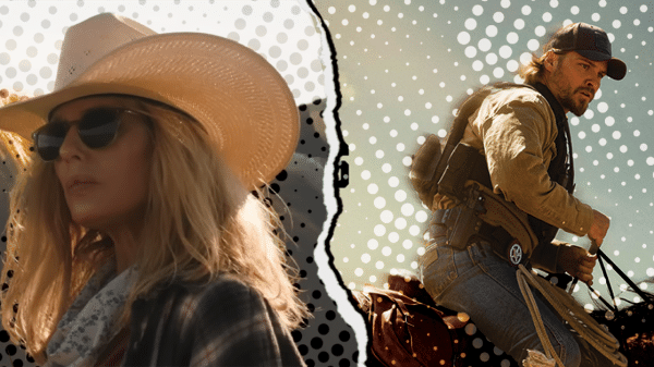 On the left, Luke Grimes is playing Kayce Dutton in Marshals. On the right, there is a scene grab of Beth and Rip from Dutton Ranch