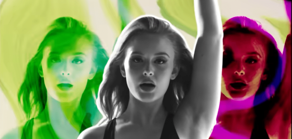 Stylized image of Zara Larsson shown in overlapping green, black-and-white, and pink color treatments against a vibrant background.