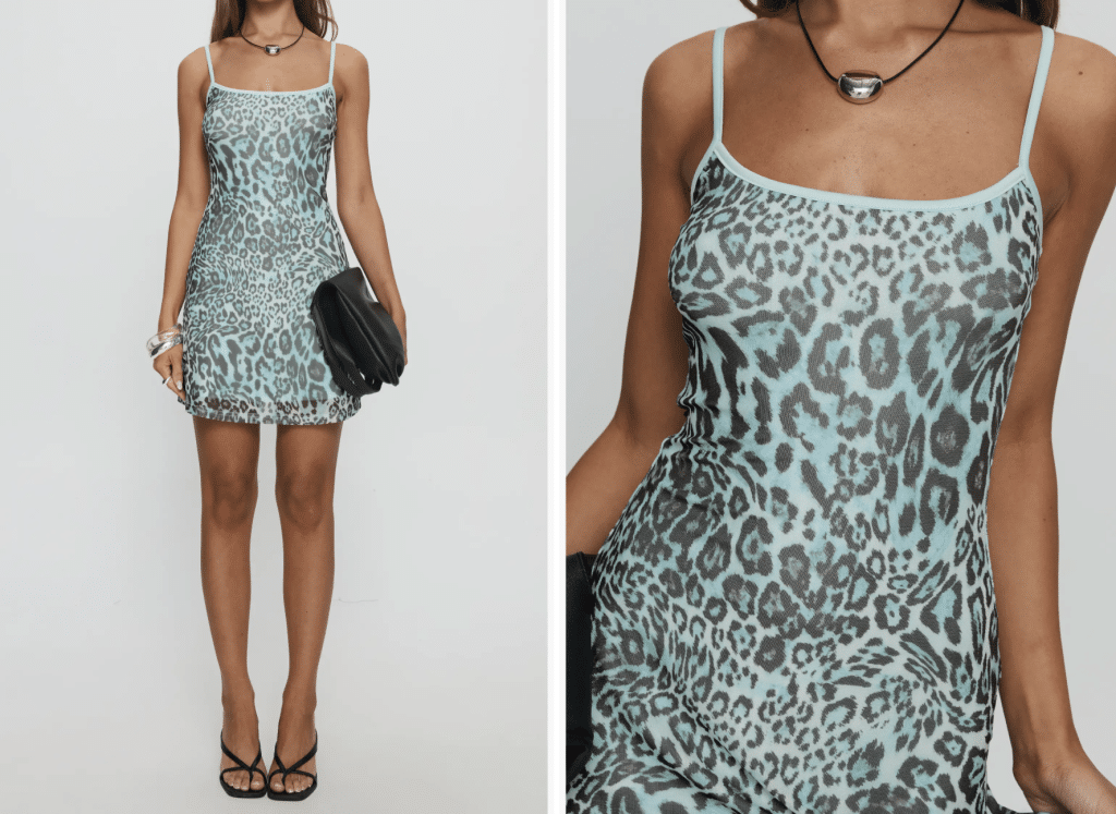 The dress is being modeled on a woman in two side-by-side pictures. The left is from the shoulders down to show the slim fit and mini length, and the right is zoomed in onto the dress to show the leopard pattern and blue color of the dress plus the back of the leopard.