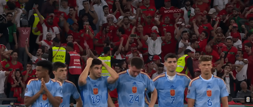 Spain players react during the penalty shootout against Morocco at the 2022 World Cup as the pressure builds.