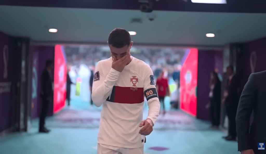 Cristiano Ronaldo reacts emotionally after Portugal’s 2022 FIFA World Cup quarter-final defeat to Morocco.