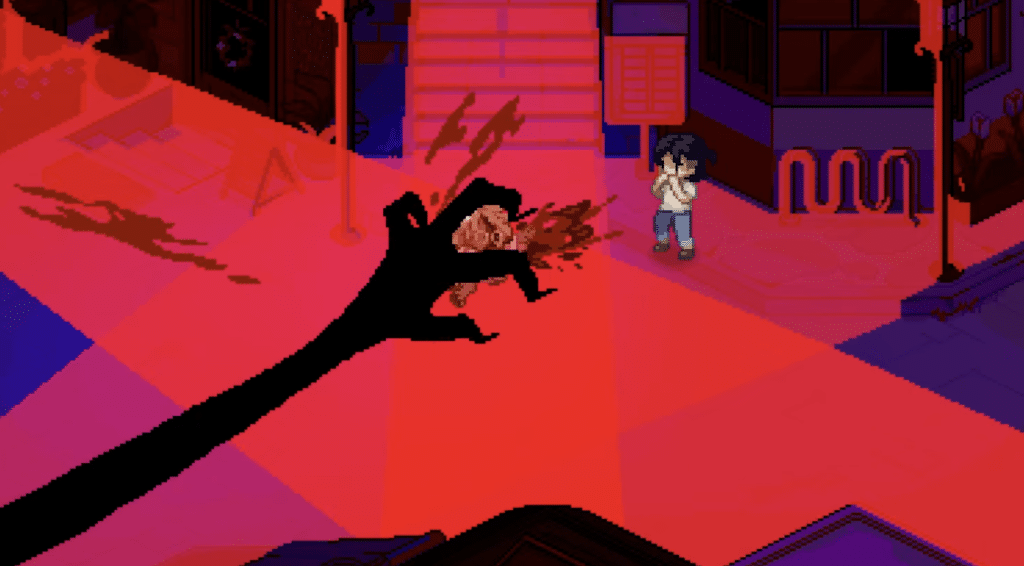 A spectral, scary hand crushes a body and sprays blood all around it. In vivid colors, the heavily pixelated scene features a horrified onlooker with their hands clasped over their mouth.