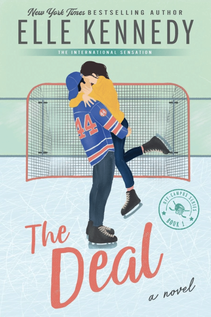 A book cover of a guy holding up a girl while in a hockey arena