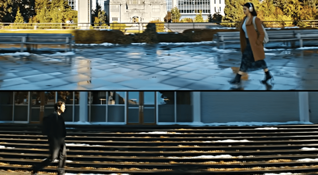 A girl on the top half of the photo walking and a man on the bottom half of the photo walking