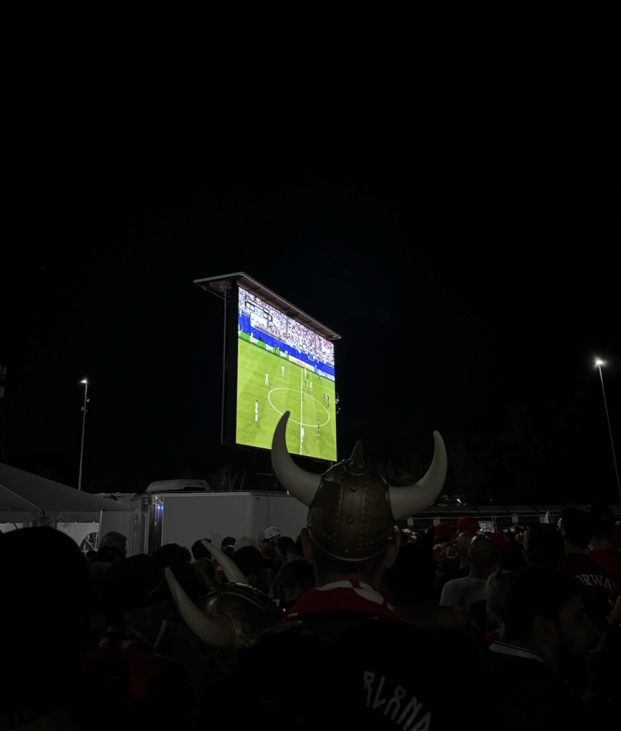 A Sea of Viking helmets stretches as far as you can see. Hundreds of Norwegian fans mill around in a queue for the exit.