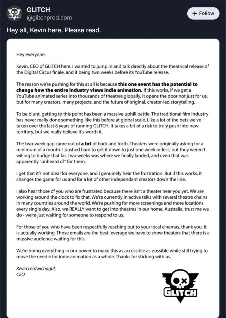 Glitch CEO, Kevin Lerdwichagul's response to the backlash. The text reads 'Hey all, Kevin here. Please read.'