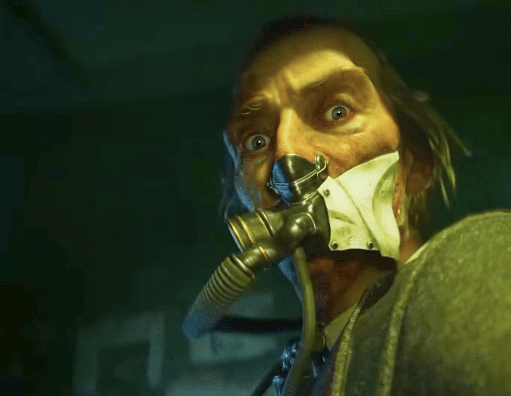 The 'Judge,' an older, balding man who serves as the main antagonist in Saw:Genesis, stares downward with a mask clasped over his face and his eyes wide.