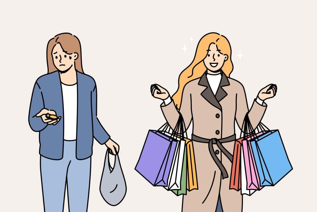 Two figures; one is sad, and the other is happy with shopping bags