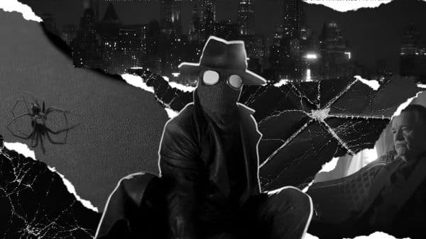 a black and white compiliation of The Spider in Spider-Noir