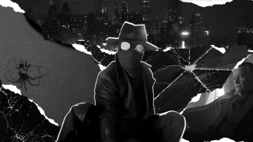 a black and white compiliation of The Spider in Spider-Noir