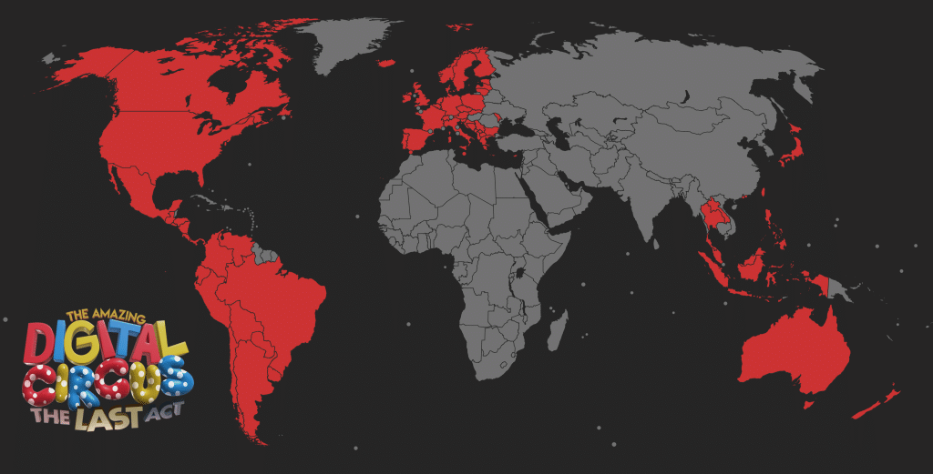 A map of the world, with Antigua and Barbuda, Aruba, Barbados, Canada, Dominican Republic, Mexico, Puerto Rico, St. Kitts and Nevis, St. Maarten, St. Lucia, US Virgin Islands, United States, Argentina, Bolivia, Brazil, Chile, Colombia, Ecuador, Guyana, Paraguay, Peru, Uruguay, Venezuela, Costa Rica, El Salvador, Guatemala, Honduras, Nicaragua, Panama, Albania, Austria, Belgium, Bosnia, Bulgaria, Croatia, Cyprus, Czechia, Denmark, Estonia, Finland, France, Germany, Gibraltar, Greece, Hungary, Iceland, Ireland, Italy, Kosovo, Latvia, Lithuania, Luxembourg, Malta, Moldova, Montenegro, Netherlands, North Macedonia, Norway, Poland, Portugal, Romania, Serbia, Slovakia, Slovenia, Spain, Sweden, Switzerland, Ukraine, United Kingdom, Hong Kong, Indonesia, Japan, Laos, Macau, Malaysia, Philippines, Singapore, South Korea, Taiwan, Thailand, Australia, and New Zealand highlighted.