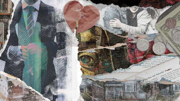 Mixed-media collage of a businessman, a couple, money, houses and a broken heart, illustrating themes of romance, wealth and relationships.