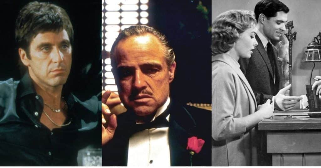 A movie still from Scarface (left), The Godfather (center), and Pyscho (right)