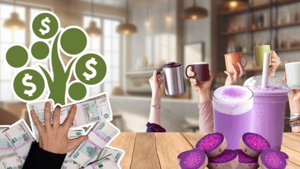 A hand shoveling forward money on the right. Several hands holding mugs on the right, foregrounded by raw ube and ube drinks.