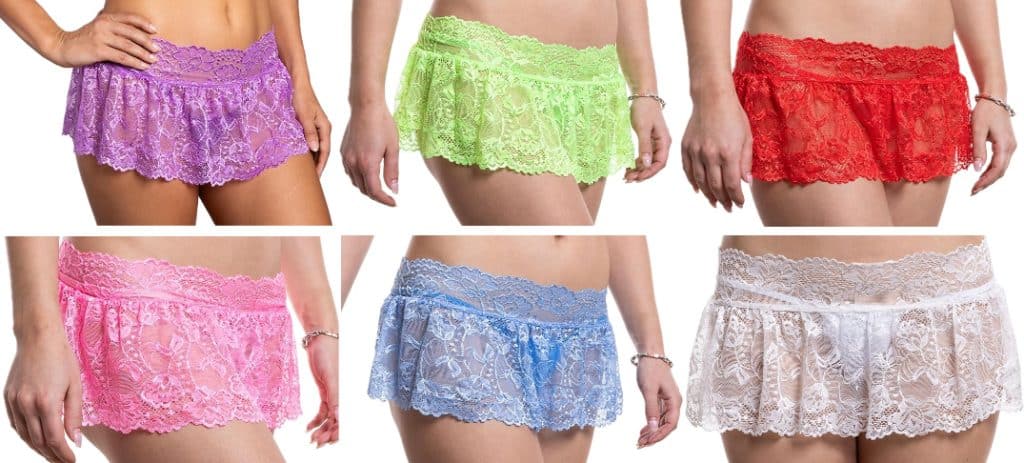 Picture from Amazon's website of the six bright colored options being modeled from lower torso to mid-thighs.