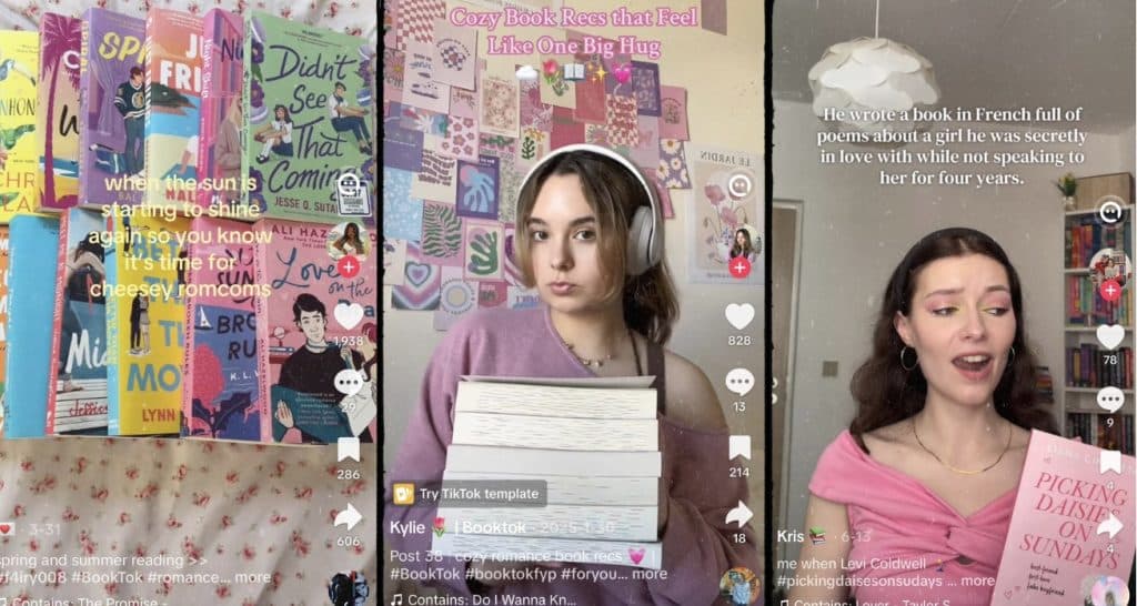 Collage of three TikTok screenshots featuring BookTok creators recommending cosy romance books, discussing romance novels and showcasing seasonal romance reading recommendations.