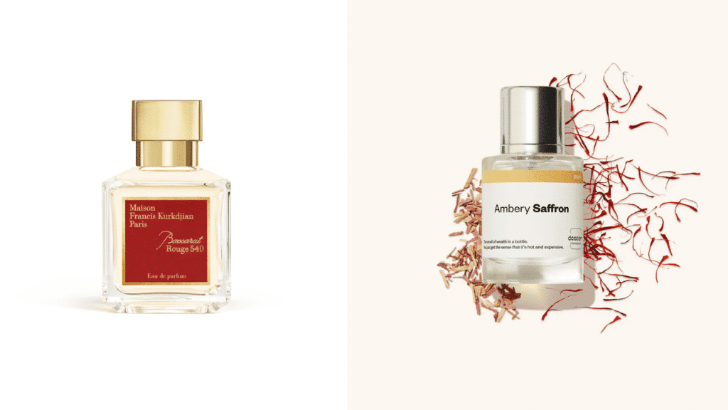 Side by side comparison of luxury perfume Baccarat Rogue 540 to its dupe Dossier Ambery Saffron