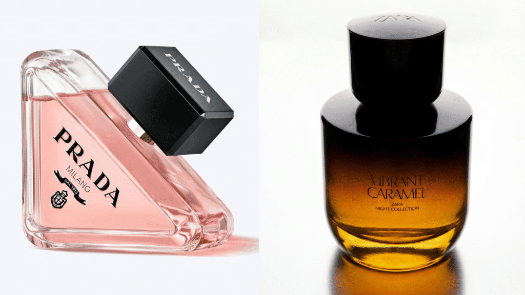 Perfume comparison of luxury perfume Prada paradox to its dupe Zara vibrant caramel