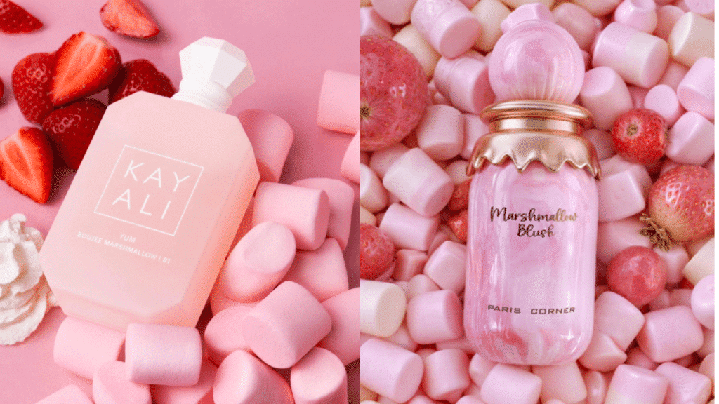 Perfume comparison of Kayali Boujee Marshmallow to its dupe of Paris Corner Marshmallow Blush