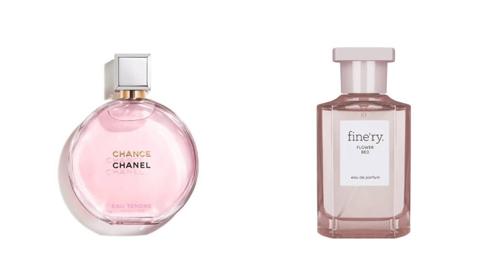 Perfume comparison of Chanel chance to its dupe of finery flower bed