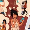 Original illustration of a young woman looking through posts that document her life.