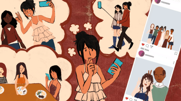 Original illustration of a young woman looking through posts that document her life.