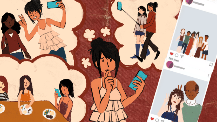 Original illustration of a young woman looking through posts that document her life.
