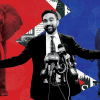 Mayor Zohran Mamdani with his arms spread to the sides, with the Republican elephant in red to the left, and Democratic donkey to the right.