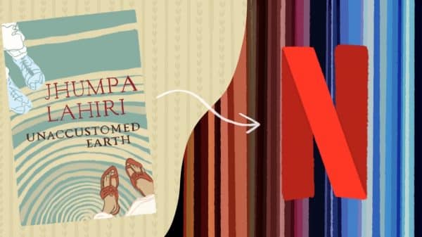 Graphic showing the cover of Unaccustomed Earth by Jhumpa Lahiri with an arrow pointing to the Netflix logo.